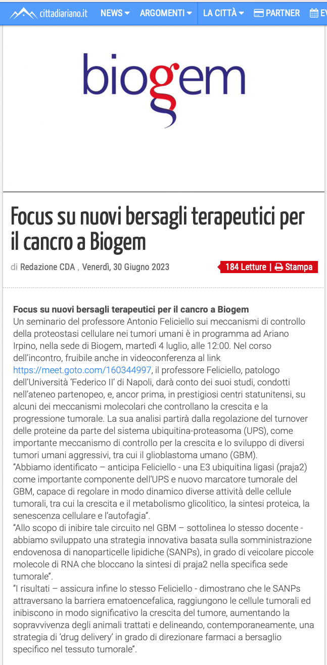 Focus su nuovi bersagli terapeutici per il cancro a Biogem